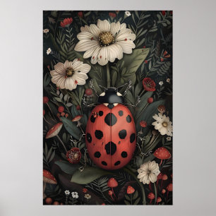 Affiche Coccinelle dans un jardin de fleurs sombres impres