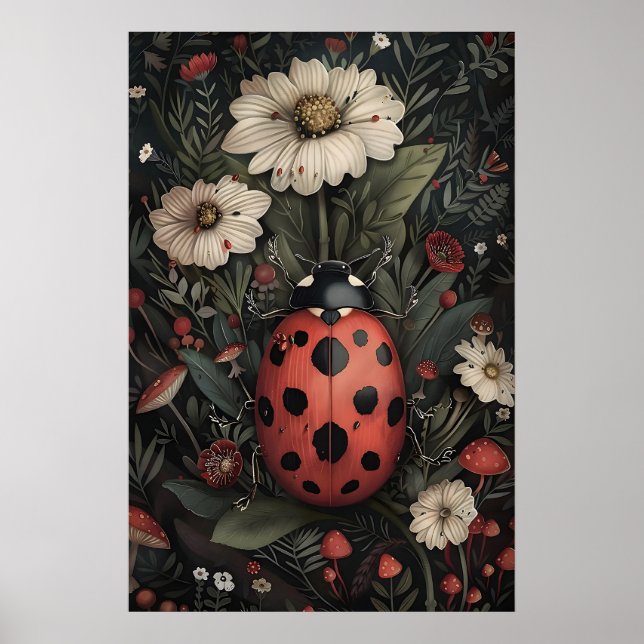 Affiche Coccinelle dans un jardin de fleurs sombres impres (Devant)