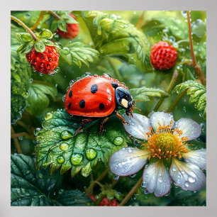 Affiche Coccinelle perchée sur une plante de fraises recou