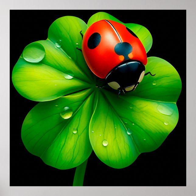 Affiche Coccinelle sur une feuille recouverte de rosée (Devant)