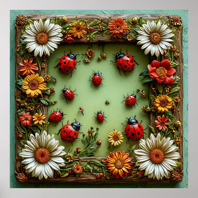 Affiche Coccinelles Colorées Fleurs Cadeau Pour Maison (Devant)