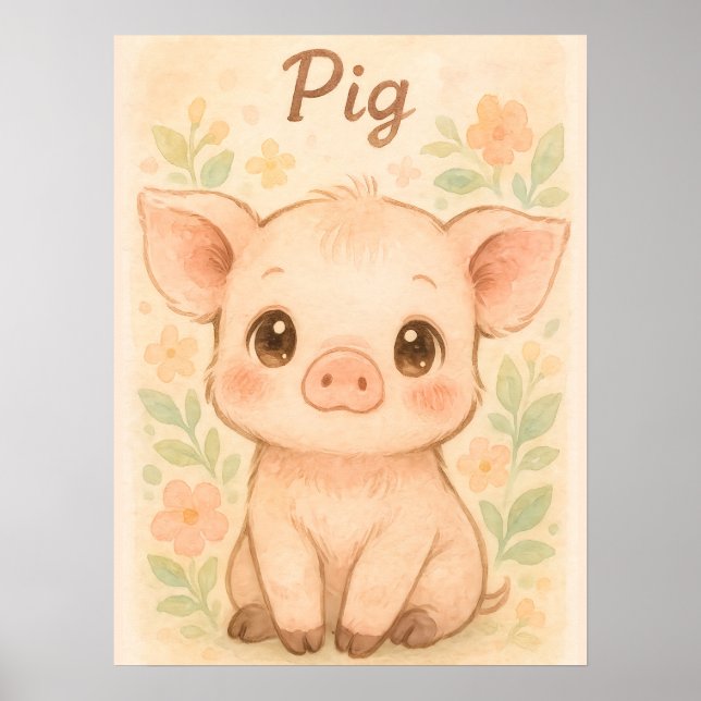 Affiche Cochon adorable pour bébé - Aquarelle Art pour pép (Devant)