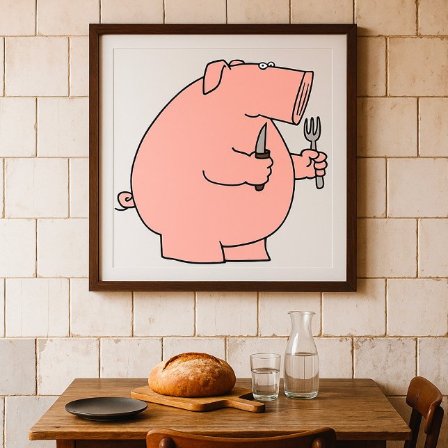 Affiche Cochon affamé drôle tenant une fourchette et un co (Créateur téléchargé)