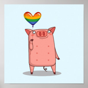 Affiche Cochon Avec Ballon Arc-En-Ciel