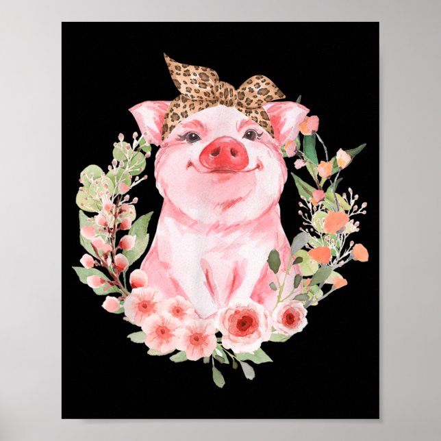 Affiche Cochon Avec Bandeau Léopard Fleur Cochon Mélange (Devant)