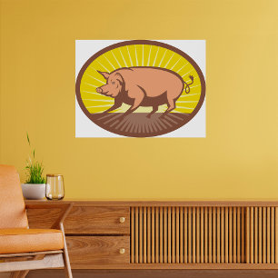 Affiche Cochon de ferme rétro avec Sunburst