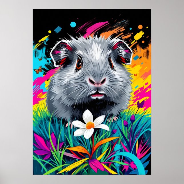 Affiche Cochon de Guinée psychédélique - Pop Art Portrait  (Devant)