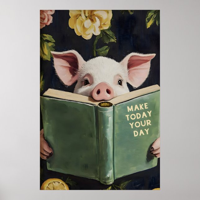 Affiche Cochon Drôle Lisant un Livre – Maison de Ferme Fan (Devant)