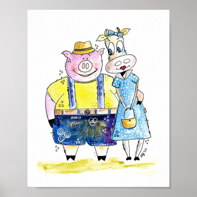Affiche Cochon et vache blanc mignon (Devant)