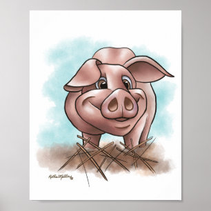 Affiche Cochon Rose dans la Paille Dessin Animé