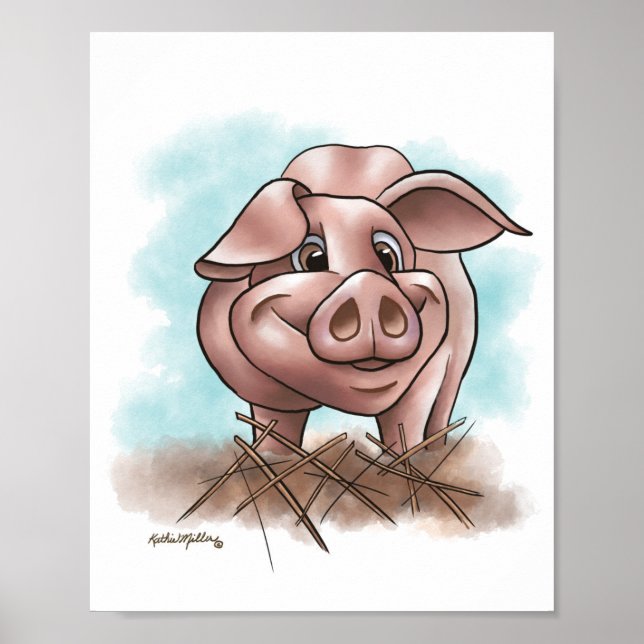 Affiche Cochon Rose dans la Paille Dessin Animé (Devant)