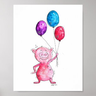 Affiche Cochon rose géant avec ballons