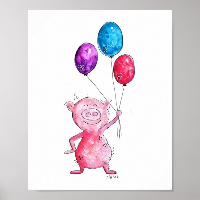 Affiche Cochon rose géant avec ballons (Devant)