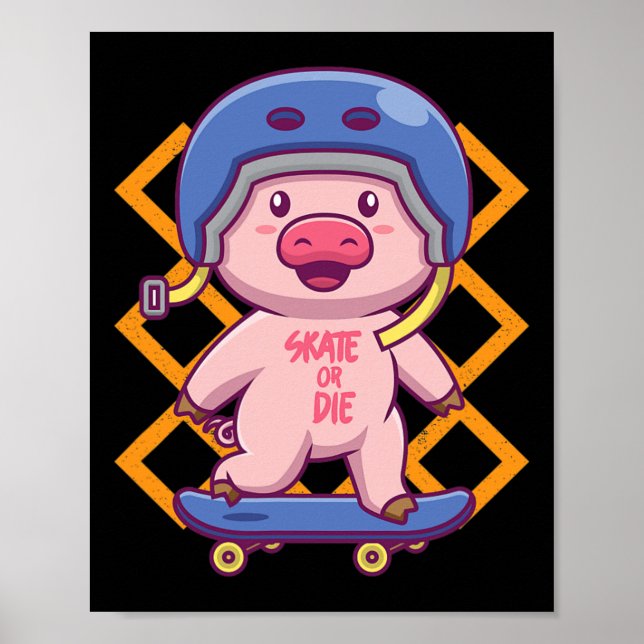 Affiche Cochon sur skateboard design drôle de skateboard  (Devant)