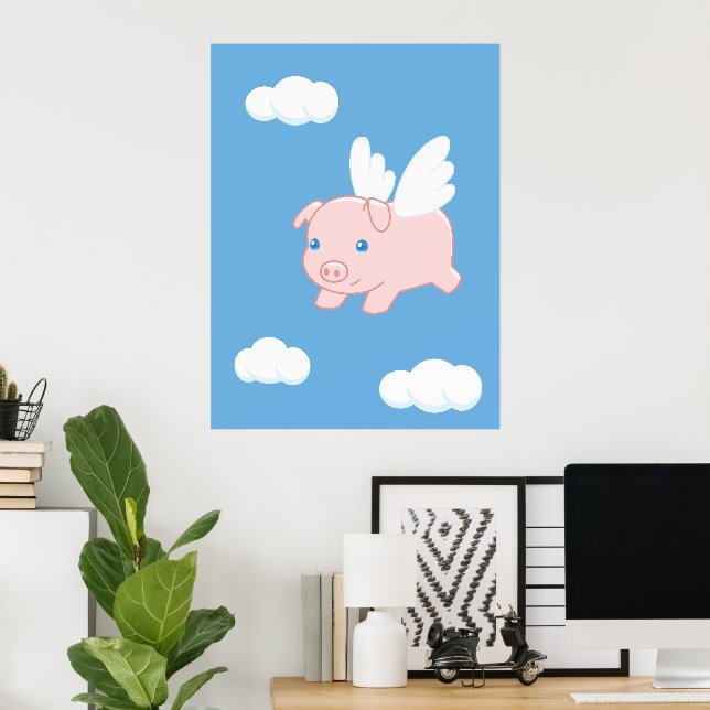 Affiche Cochon volant - Cochon mignon avec ailes (Bureau à domicile)