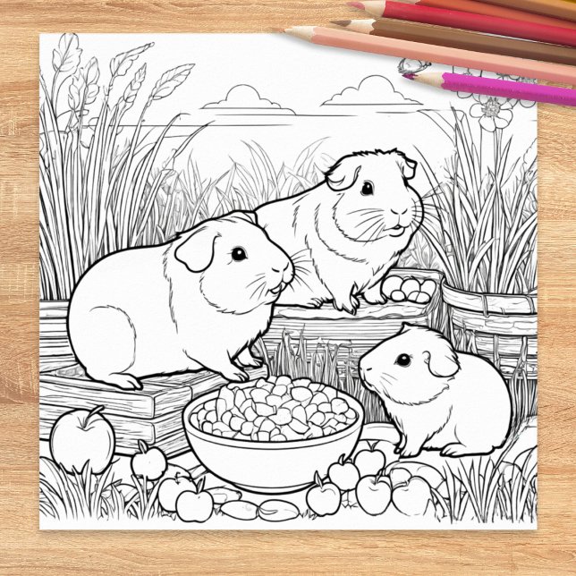 Affiche Cochons d'Inde Animaux de Compagnie Mignons à Colo (A cute picture to color, featuring three guinea pigs with their food)