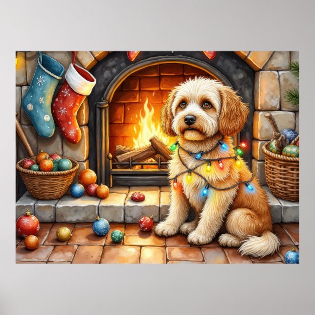 Affiche Cockapoo Sitting by Fireplace with Christmas Light (Devant)