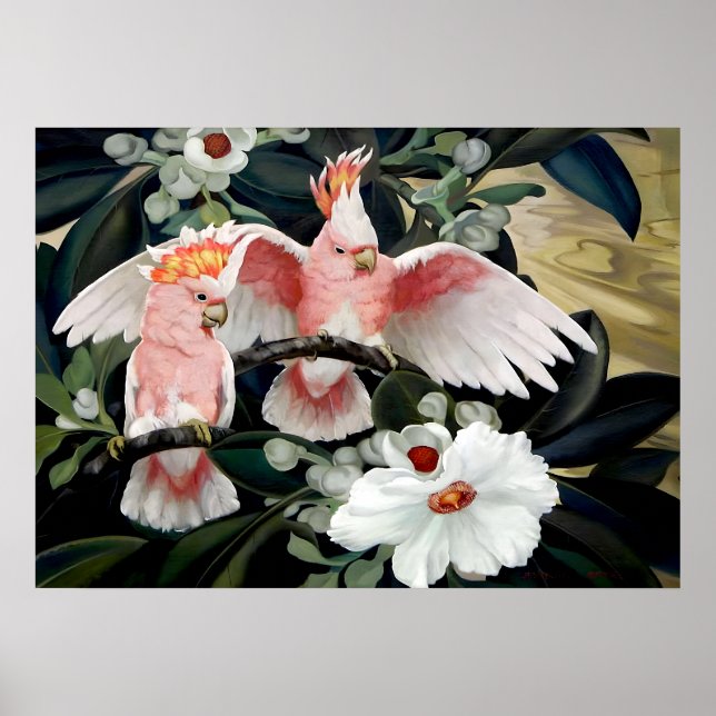 Affiche Cockatoos au rose par Jessie Arms Botke (Devant)