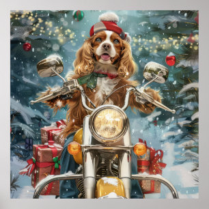 Affiche Cocker Spaniel Chien équitation Moto Noël