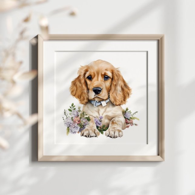 Affiche Cocker Spaniel Chiot Pet Aquarelle Flower (Créateur téléchargé)