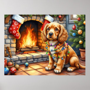 Affiche Cocker Spaniel près de la cheminée avec des lumièr