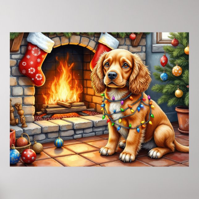 Affiche Cocker Spaniel près de la cheminée avec des lumièr (Devant)