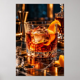 Affiche Cocktail Ambre avec Twist d'Orange et Glace – Luxe