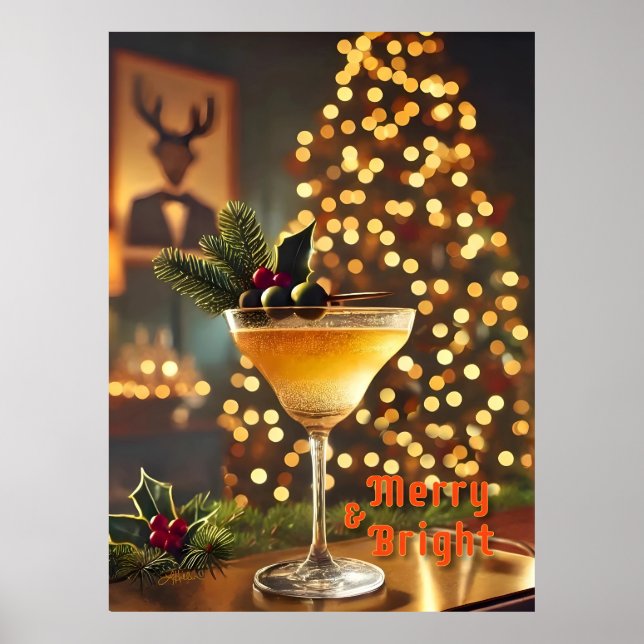 Affiche Cocktail de Noël du milieu du siècle Merry & Brigh (Devant)