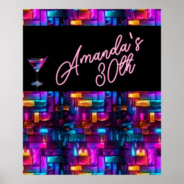 Affiche Cocktail de verre teinté abstrait sous néon et lum (Devant)