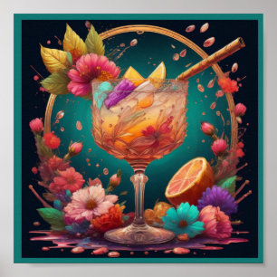 Affiche Cocktail et fleurs