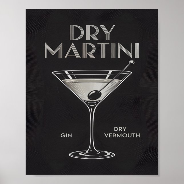 Affiche Cocktail Gin Vermouth Martini Dry Élégant Noir (Devant)