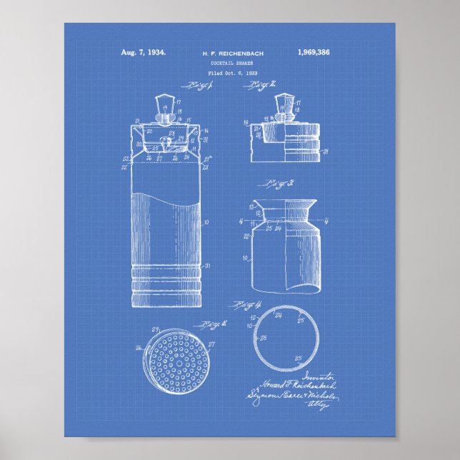 Affiche Cocktail Shaker 1934 Patent Art Blueprint (Devant)