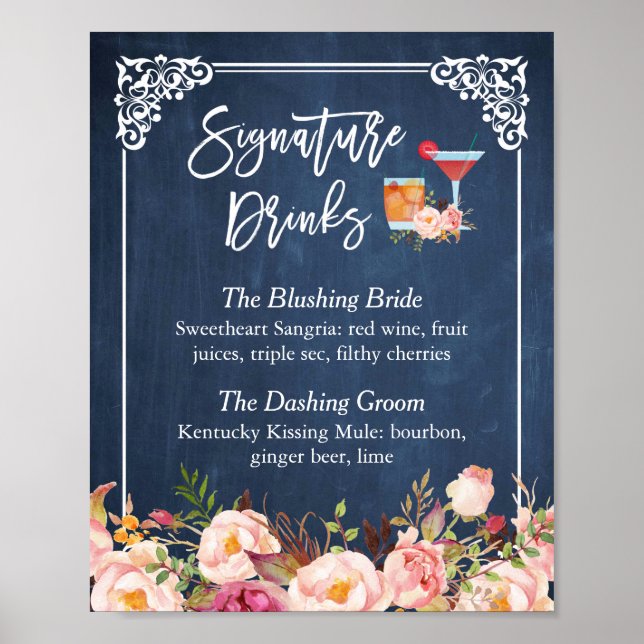 Affiche Cocktail Signature Floral Navy Blue Mariage (Devant)