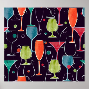 Affiche Cocktails d'aquarelle, motif vintage coloré.