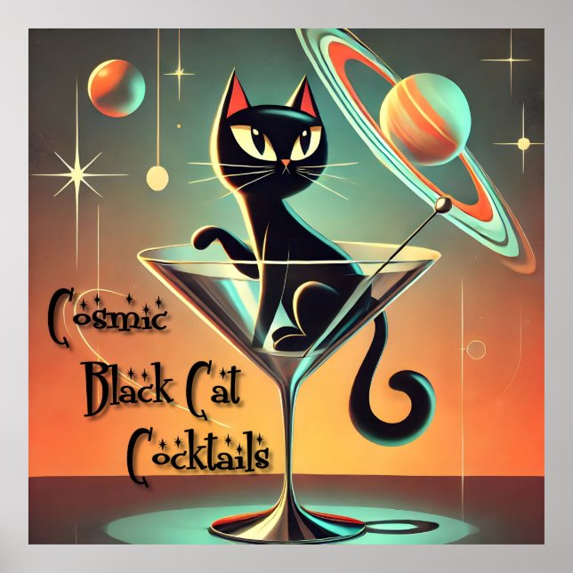 Affiche Cocktails de chat noir cosmique futuriste atomique (Devant)