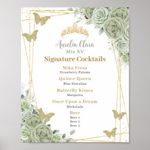 Affiche Cocktails de signature de Quinceanera floraux vert
