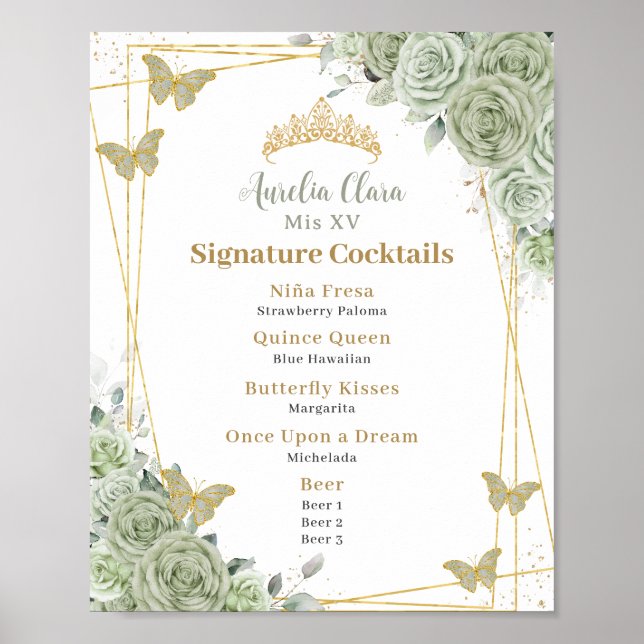 Affiche Cocktails de signature de Quinceanera floraux vert (Devant)