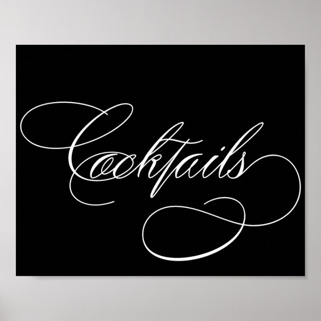 Affiche Cocktails | Élégant script blanc sur panneau à bar (Devant)