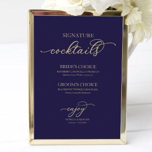 Affiche Cocktails Signature Écriture Or Signe Bleu Marine