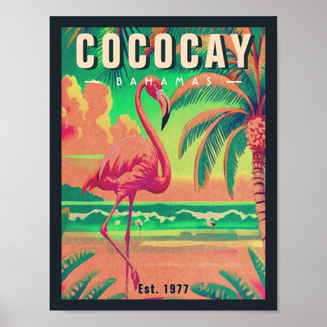 Affiche CocoCay Bahamas Retro Flamant rose Souvenir 1950 (Devant)