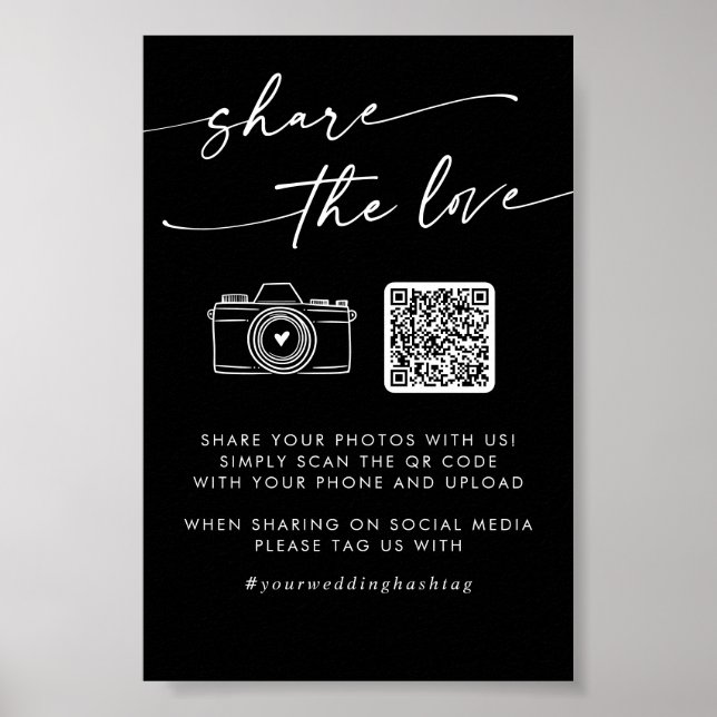 Affiche Code QR Boho Noir Mariage Partagez l'Amour (Devant)