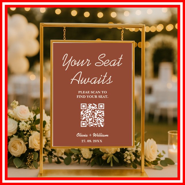 Affiche Code QR de plan de table de mariage bohème orange  (Créateur téléchargé)