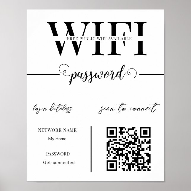 Affiche Code QR du mot de passe du réseau WIFI Noir & Blan (Devant)