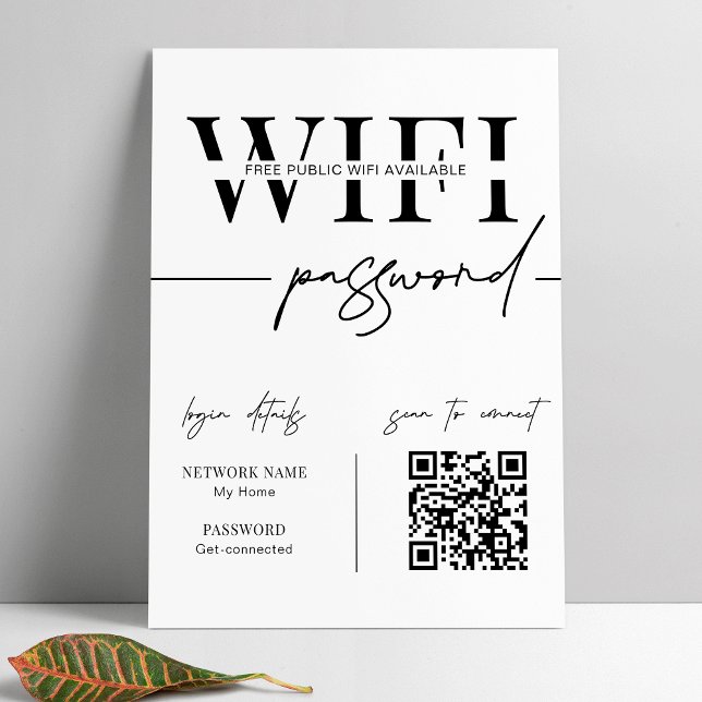 Affiche Code QR du mot de passe du réseau WIFI noir et bla (wifi password poster)