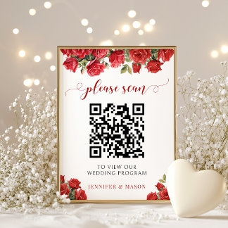 Affiche Code QR élégant de programme de mariage floral ros