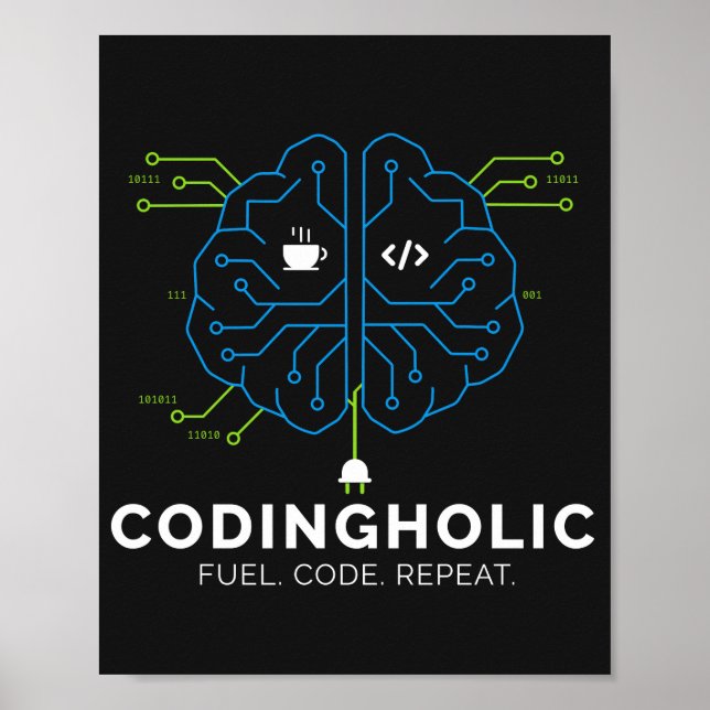 Affiche Codingholic Tech Brain Programmeur Mode Sombre (Devant)