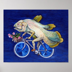 Affiche Coelacanth à vélo avec fleurs