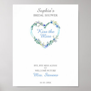 Affiche Cœur à l'aquarelle florale avec feuilles en bleu