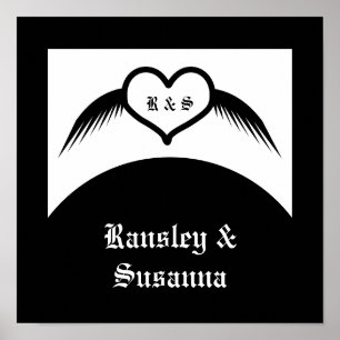 Affiche Coeur ailé gothique Mariage Personnalisé Monogramm