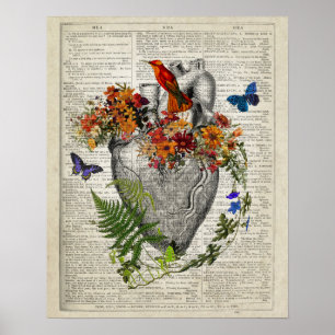 Affiche Coeur anatomique avec fleurs et colibri